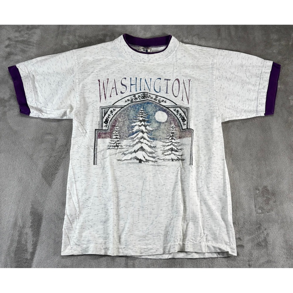 Vintage Alore Washington Graphic Ringer T-Shirt USA Women Medium Grey Purple